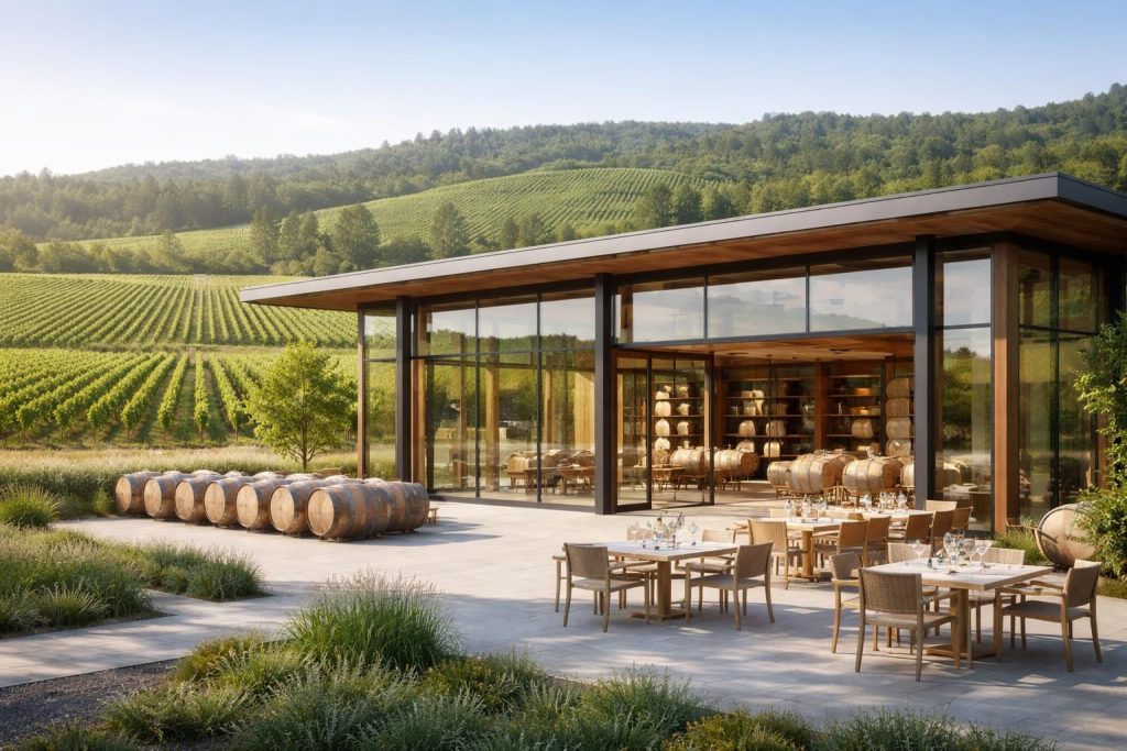 découvrez comment aménager un domaine viticole alliant modernité et tradition avec un chai contemporain, des barriques de la tonnellerie radoux et des salles de dégustation conviviales pour une expérience unique.