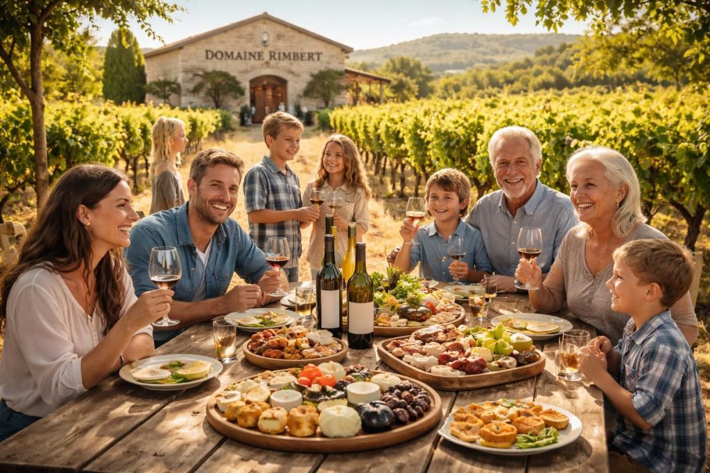 profitez d'une dégustation de vins en famille au domaine rimbert accompagnée de recettes accords mets-vins adaptées aux enfants pour un moment convivial et gourmand.