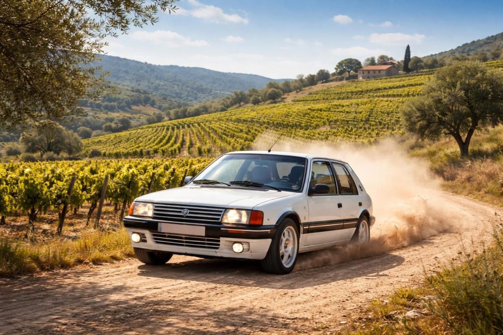 participez au rallye vintage organisé par le domaine viticole rimbert en peugeot 205 gti à travers les magnifiques vignobles du languedoc. une expérience unique alliant passion automobile et découverte œnologique.