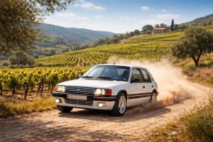 participez au rallye vintage organisé par le domaine viticole rimbert en peugeot 205 gti à travers les magnifiques vignobles du languedoc. une expérience unique alliant passion automobile et découverte œnologique.